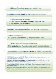 English Worksheet: flash-card PUT DOWN  phrasal verbs