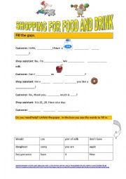 English Worksheet: Shopping for food and drink  including quantity vocabulary 