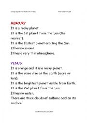 English Worksheet: Solar System Flashcards Information