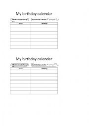 Months/Dates: My birthday calendar (survey sheet)