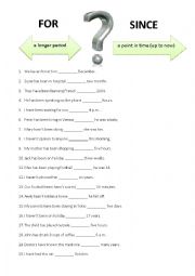 English Worksheet: for and since - gap fill exercise
