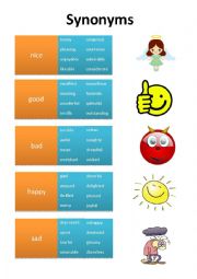 English Worksheet: Synonyms (nice, good, bad, happy, sad)