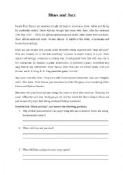 English Worksheet: Blues and Jazz (reading comprehension)