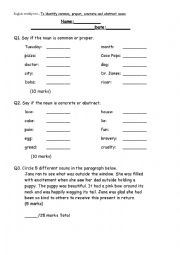 English Worksheet: Nouns test - common/proper & concrete/abstract