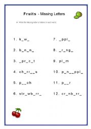 English Worksheet: Fruits - working with vowels