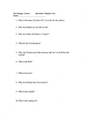 English Worksheet: The Hunger Games Chapter One Questions 