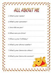 English Worksheet: All about me - questions - write your own answers