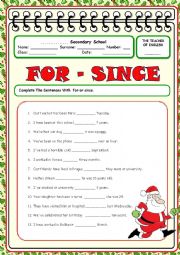 English Worksheet: For Since