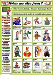 English Worksheet: Countries/ Nationalities Where are they from ? + Key