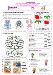 English Worksheet: Exercises for elementary students *including:numbers1-10,clothes,colours,body parts,rooms,in,on,under,next to