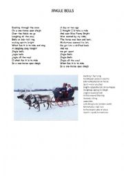 English Worksheet: Jingle Bells Lyrics with vocabulary and picture of open sleigh/reindeer
