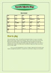English Worksheet: Opposite Adjectives Bingo