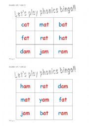 English Worksheet: Phonics - 3 letter words (CVC) - Bingo_6_sets_of_6_(36 cards)