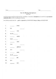 English Worksheet: Find the Missing Homophones Part One