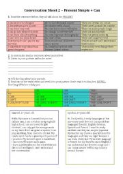 English Worksheet: Conversation Sheet 2 - Present simple + Can