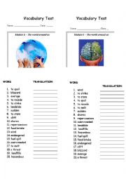English Worksheet: Vocabulary test - Environment (The world around us)