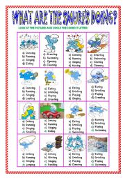 English Worksheet: WHAT ARE THE SMURFS DOING ?