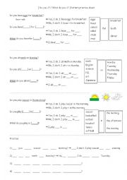 Do you...? / What do you...? (with: in / on / for) Pattern practice sheet.