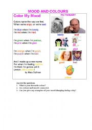 English Worksheet: MOOD AND COLOURS ( a poem + a pictionary + questions)