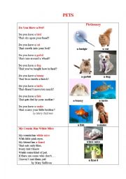 English Worksheet: PETS (2 poems + a pictionary + questions for a discussion)