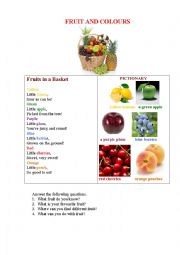 English Worksheet: FRUIT IN A BASKET (a poem+ a pictionary + questions) for kids
