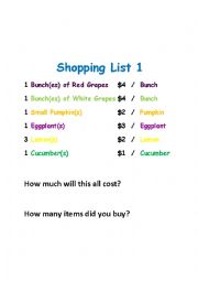 Shopping List Class Activity - Fruits and Vegetables