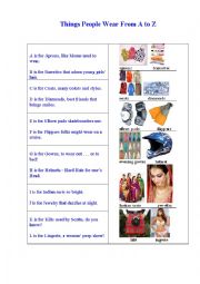 English Worksheet: THINGS PEOPLE WEAR FROM A TO Z
