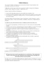 English Worksheet: Multiple intelligences crossword