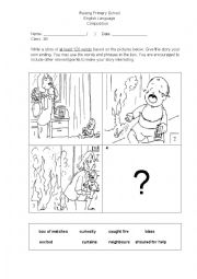English Worksheet: story writing based on a fire with pictures 