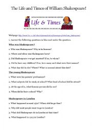 English Worksheet: The Life of William Shakespeare