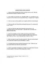 English Worksheet: advertising discussion