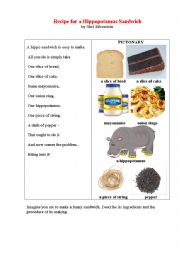 English Worksheet: Recipe for a Hippopotamus Sandwich (a poem + a pictionary)