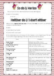 English Worksheet: So DO I/ME TOO- NEITHER DO I- I DON�T EITHER