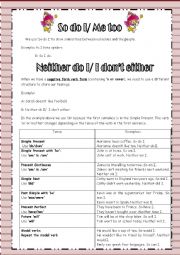 English Worksheet: So DO I/ME TOO- NEITHER DO I- I DONT EITHER