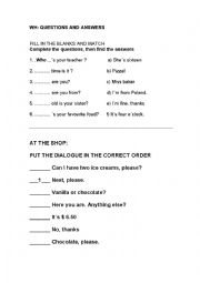 English Worksheet: WH-QUESTIONS AND AT THE SHOP CONVERSATION