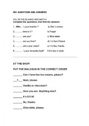 English Worksheet: WH-QUESTIONS AND AT THE SHOP CONVERSATION