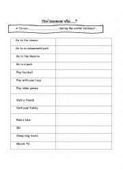 English Worksheet: FIND SOMEONW WHO - winter holidays