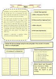 English Worksheet: reading + writing about  heros