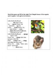 English Worksheet: ROBIN REDBREAST (a nursery rhyme to test regular and irregular verbs in Past Simple)