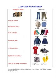 English Worksheet: KITTENS CLOTHES (a poem for kids + a pictionary)