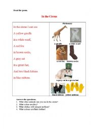 English Worksheet: IN THE CIRCUS (a poem for kids + a pictionary)