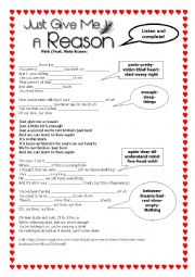 English Worksheet: Just Give me a Reason - Pink (Feat. Nate Ruess)
