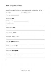 English Worksheet: Partner interview to be used on the first day of the course