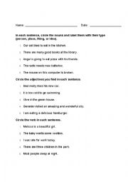 English Worksheet: Identifying nouns, verbs, and adjectives