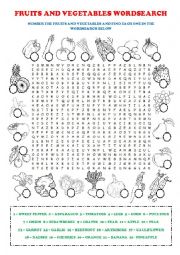 English Worksheet: Fruits and Vegetables Word Search