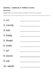 English Worksheet: Creatures in the Hobbit and Lord of the rings-Jumbled letters