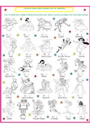 English Worksheet: Cartoon Character Fill in & color 2 - Heroines