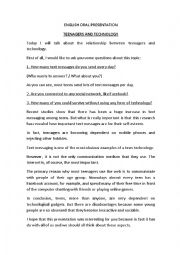 English Worksheet: Oral Presentation - Teenagers and Technology