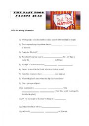 English Worksheet:  Film: Fast Food Nation Quiz 