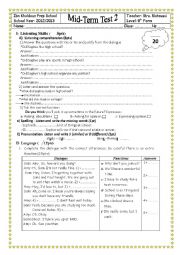 English Worksheet: MID TERM TEST 2 8TH FORM